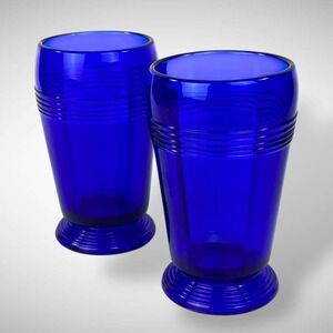 Cobalt Blue Footed Tumblers Vintage Art Deco Glass 1930s SET of 2